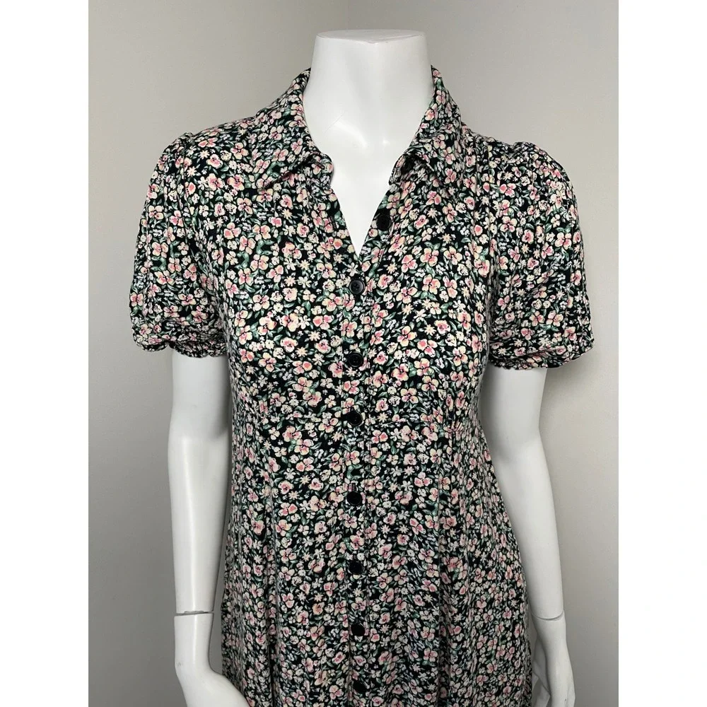 Free People Debbie-Jean Maxi Shirt Dress Black Pink Ditsy Floral Duster XS